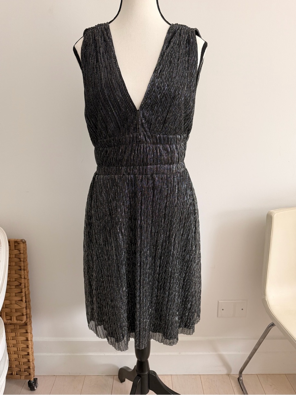 Maje Metallic Black V‑Neck Pleated Mini Dress